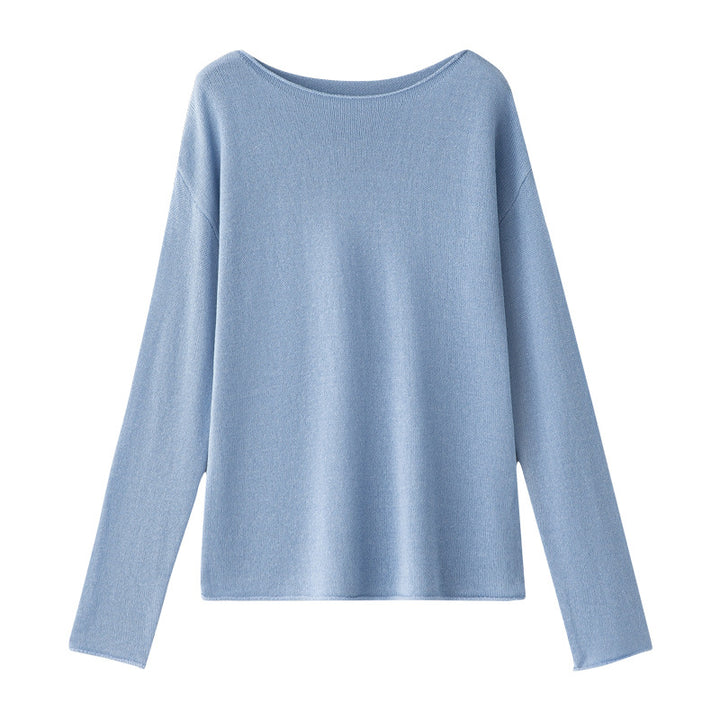 Women Loose Boatneck Fine Knit Shirt with Dropped Shoulders & Flattering Fall Mune Fashion