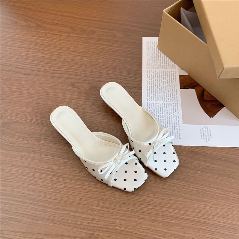 Women Square Slip-On Mules with Polka Dot Pattern, Fine Decorative Bow and Comfort Footbed Mune Fashion