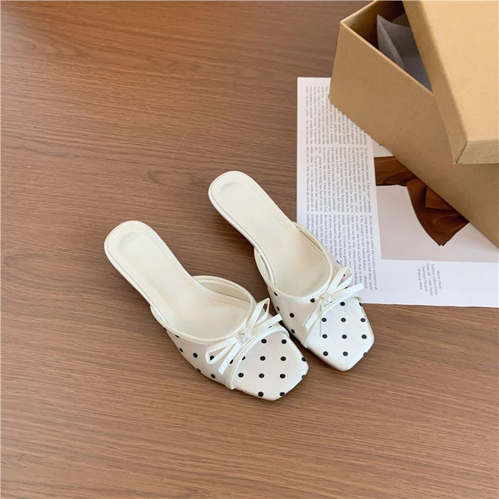 Women Square Slip-On Mules with Polka Dot Pattern, Fine Decorative Bow and Comfort Footbed Mune Fashion