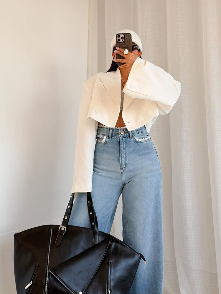 Women Cropped Boxy Short Blazer with Boxy Silhouette and Extra Long Sleeves Mune Fashion