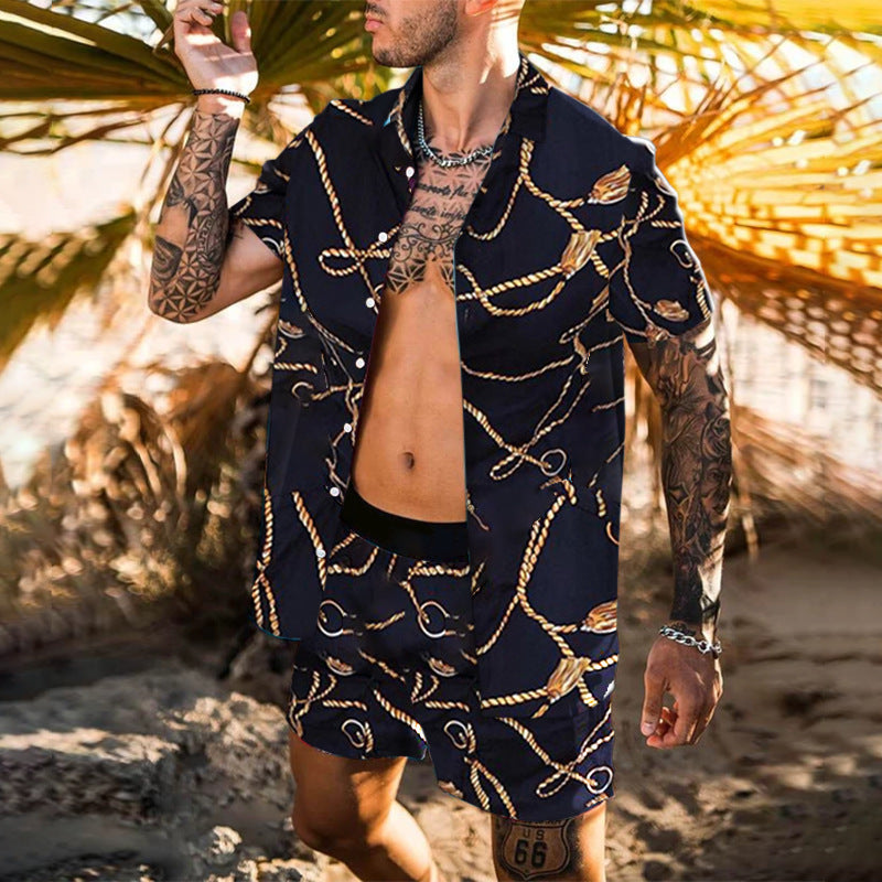 Men's short-sleeved shirt with baroque pattern and matching loose-fitting shorts Mune Fashion