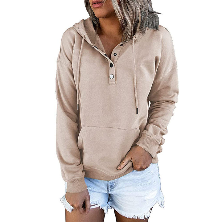 Women's hoodie with Henley button placket, kangaroo pocket, and loose fit Mune Fashion
