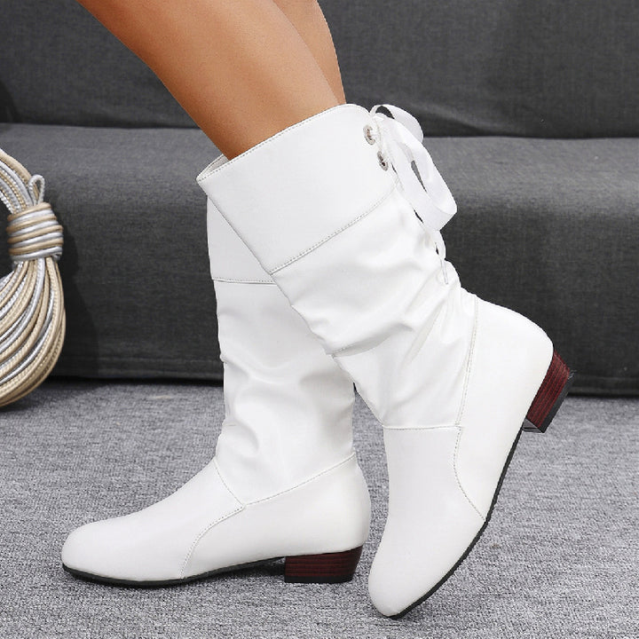 Women's knee-high boots with gathered shaft, soft synthetic leather, and low block heel Mune Fashion