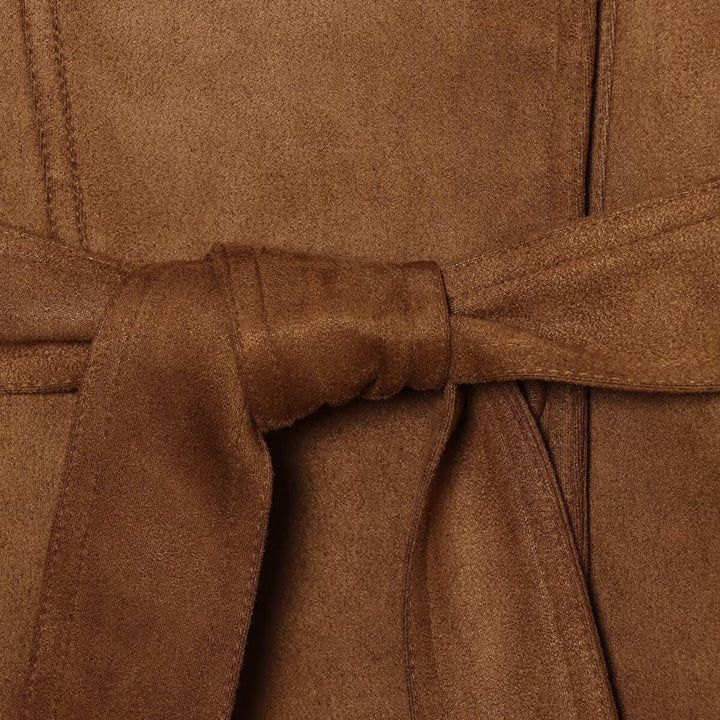 Women's tailored short jacket made of soft suede imitation with asymmetrical button placket and tie belt Mune Fashion