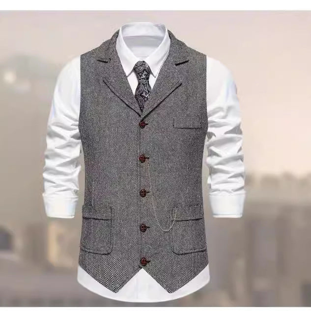Men's vintage vest with lapel collar watch chain and breast pocket Mune Fashion