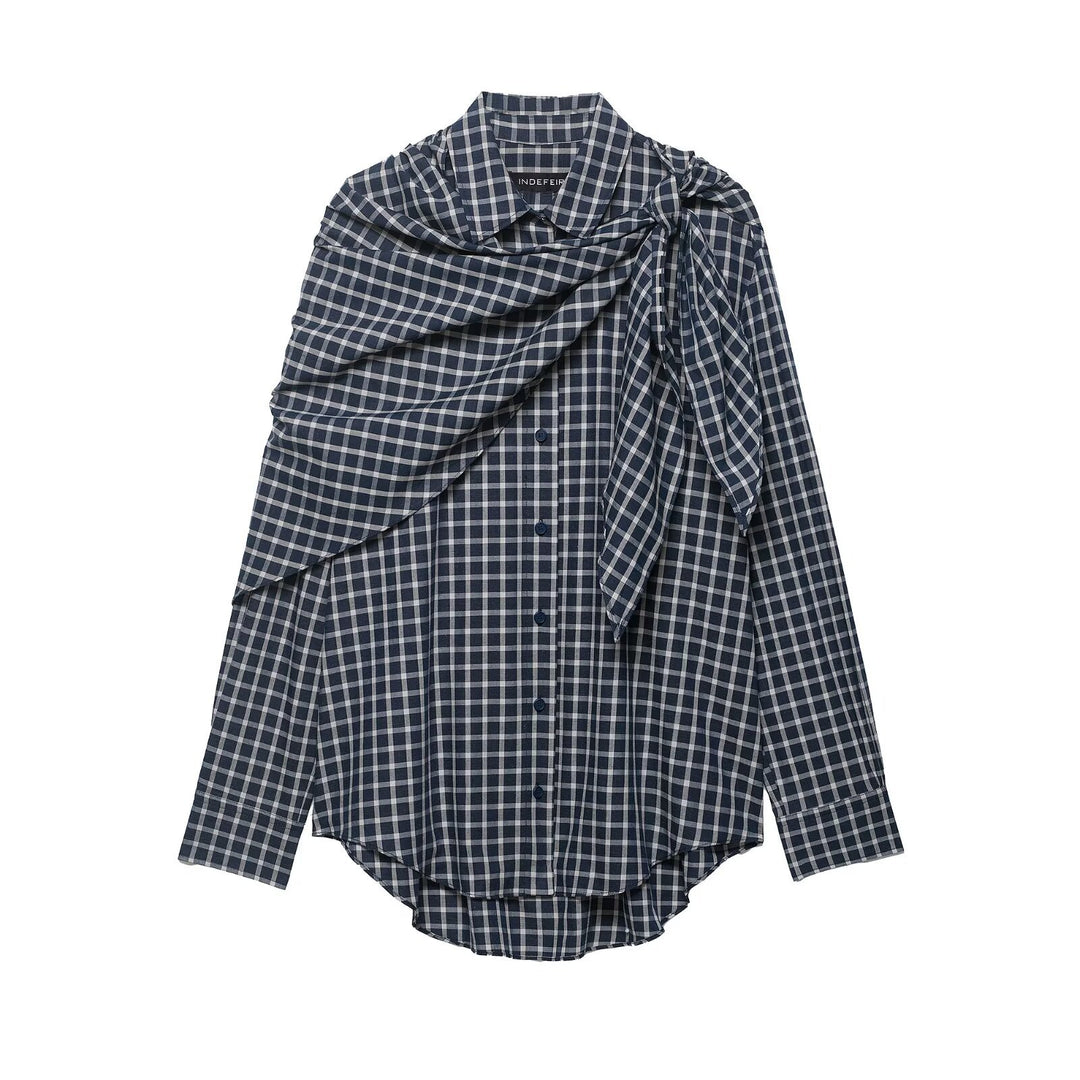 Women Oversize Shirt Blouse with Integrated Shoulder Scarf and Vichy Check Mune Fashion