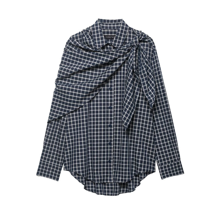 Women Oversize Shirt Blouse with Integrated Shoulder Scarf and Vichy Check Mune Fashion