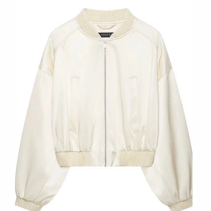 Women Lightweight Cropped Bomber Jacket in Satin Look with Ribbed Cuffs and Drop Shoulder Mune Fashion