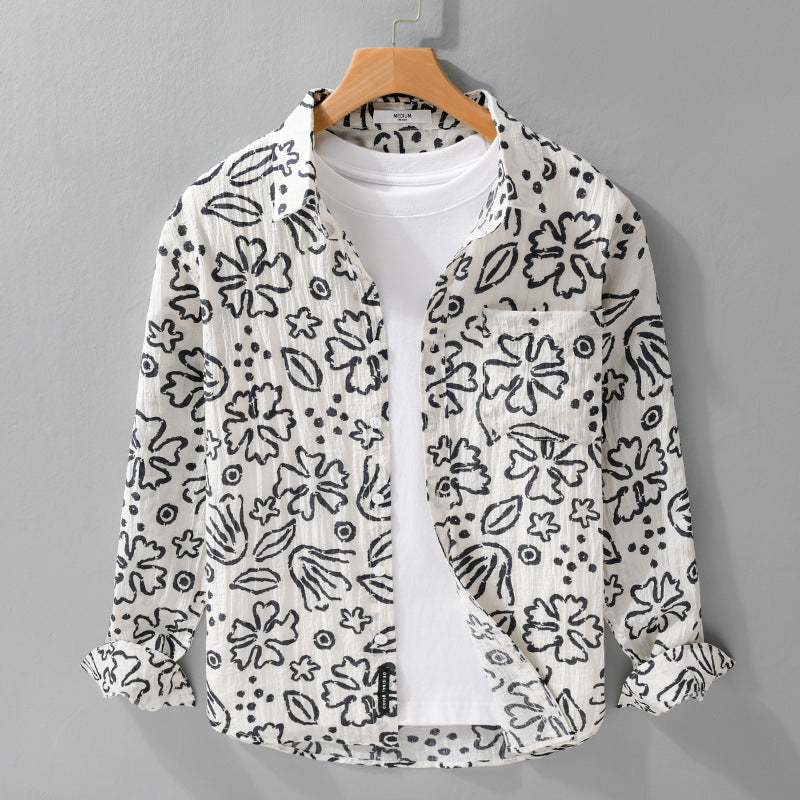 Men's Loose Crinkle Shirt with Hand-Drawn Floral Print and Chest Pocket Mune Fashion