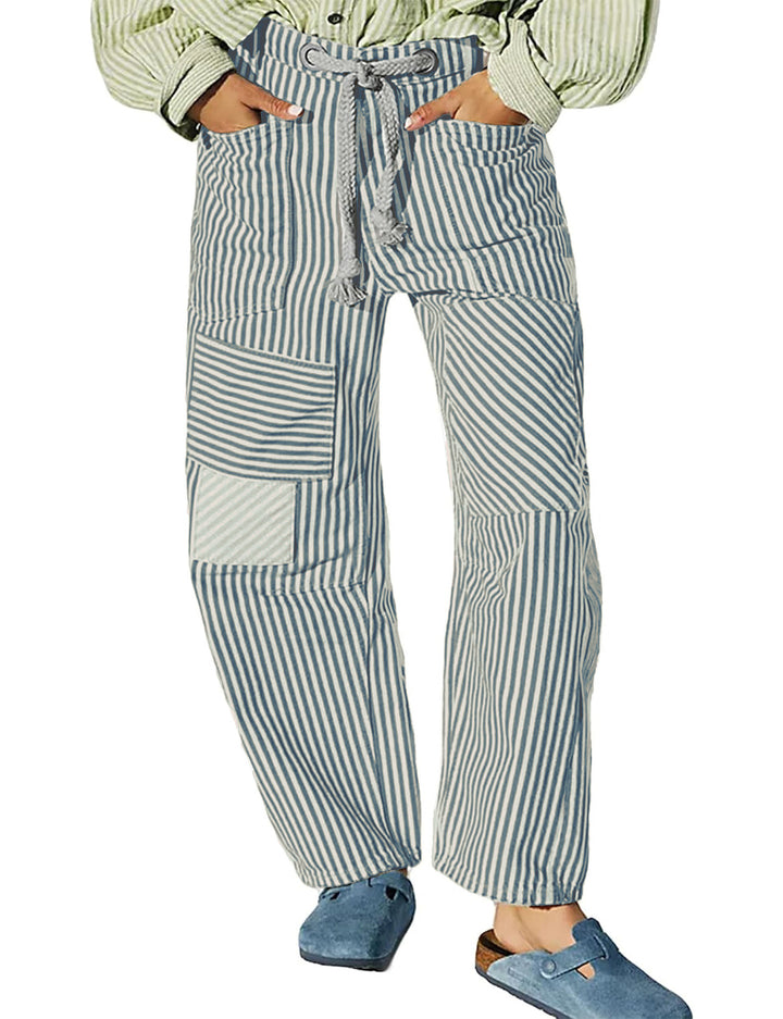 Women casual striped linen pants with drawstring and patch pockets Mune Fashion