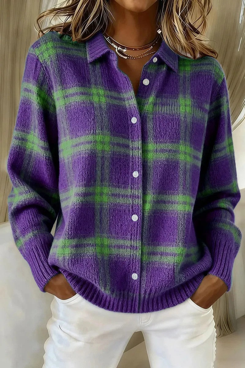 Women's Checked Knit Shirt Jacket Cardigan with Shirt Collar and Ribbed Cuffs Mune Fashion