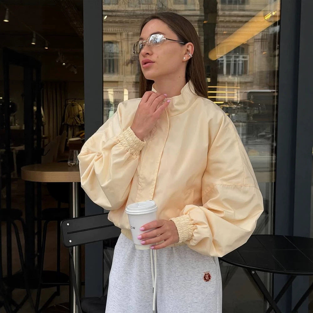 Women's Oversized Cropped Bomber Jacket with Stand Collar and Zipper