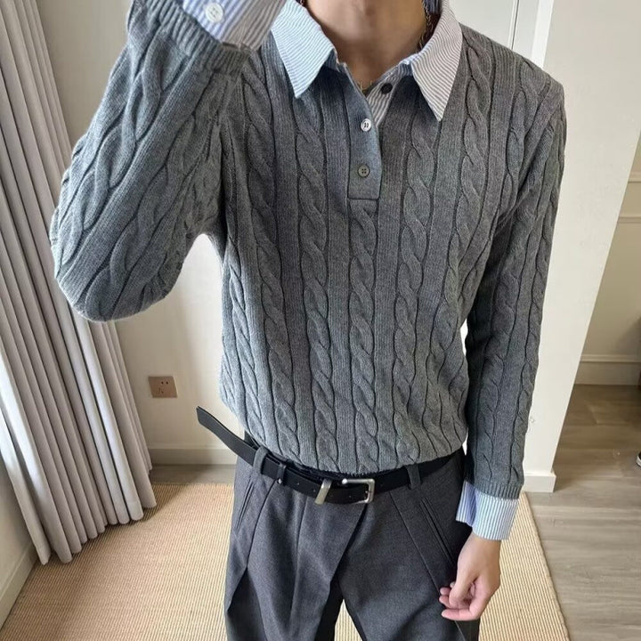 Men's Cable Knit Sweater with Shirt Collar Layering Effect Mune Fashion