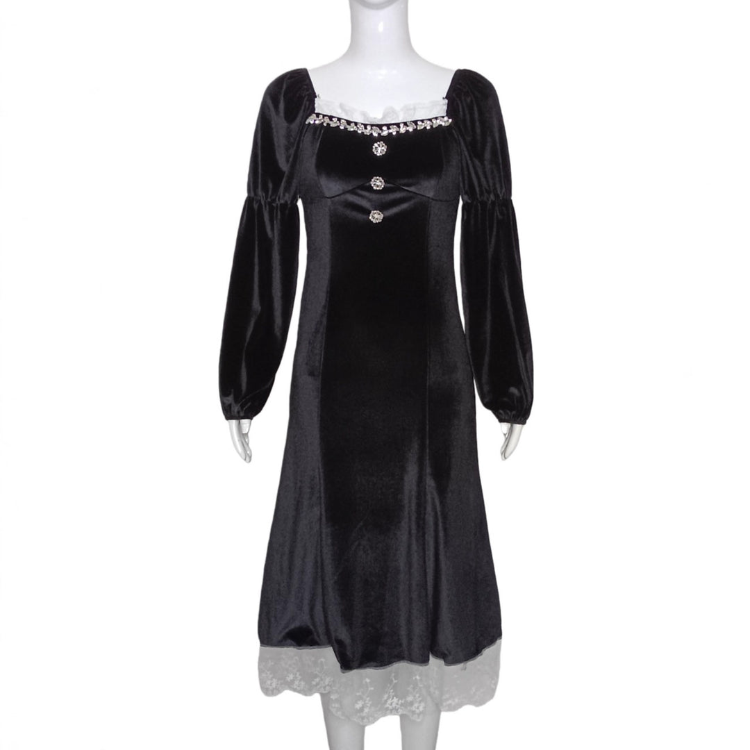 Ladies Velvet Midi Dress with Square Neckline, Puff Sleeves and Lace Underlay Mune Fashion
