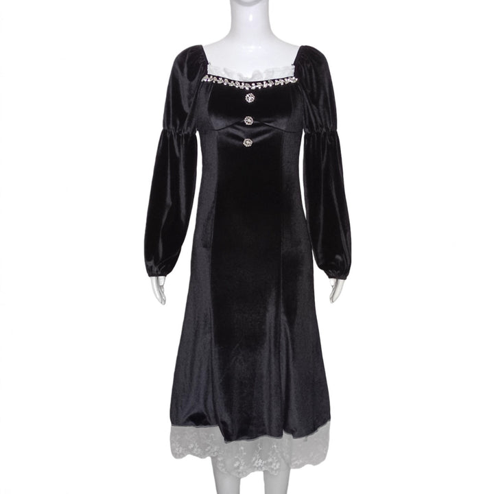 Ladies Velvet Midi Dress with Square Neckline, Puff Sleeves and Lace Underlay Mune Fashion