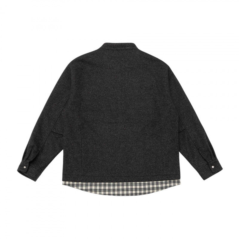 Unisex Oversize Wool Blend Shirt Jacket with Stand-up Collar, Snap Button Placket and Checked Hem Band Mune Fashion