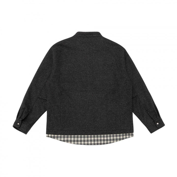 Unisex Oversize Wool Blend Shirt Jacket with Stand-up Collar, Snap Button Placket and Checked Hem Band Mune Fashion