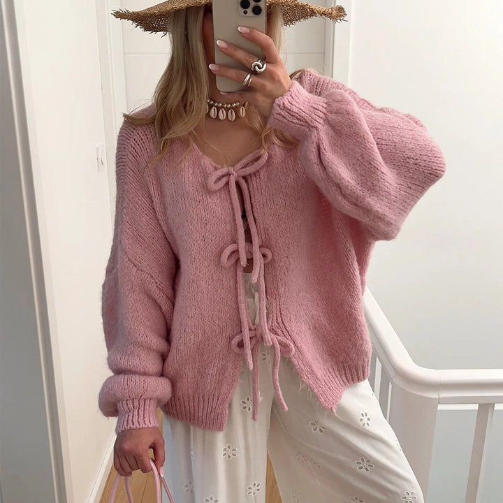 Women's Chunky Knit Open Cardigan with Ties, Oversized Silhouette and Raglan Sleeves Mune Fashion