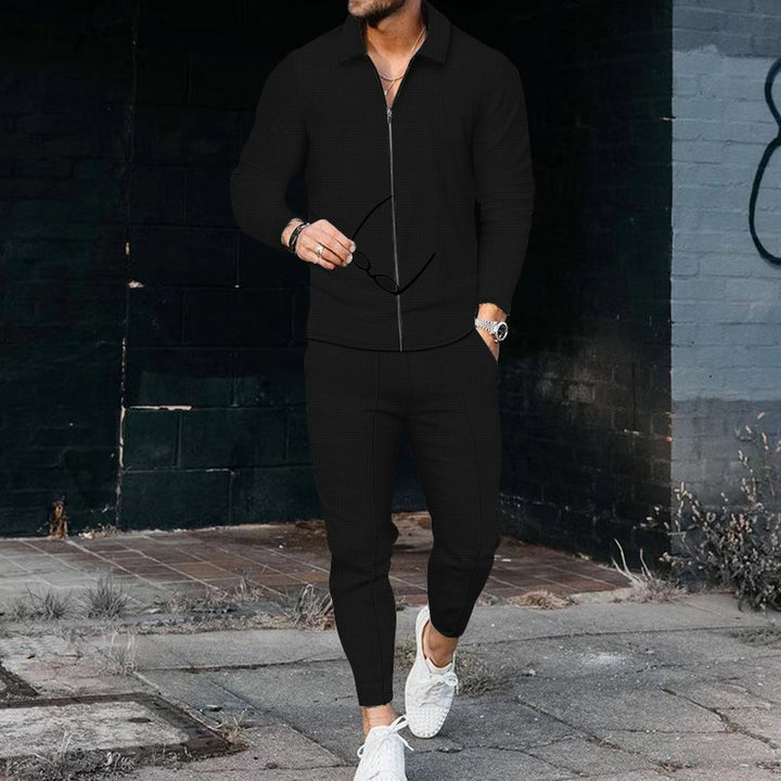 Men's casual waffle texture tracksuit with shirt collar, concealed zipper and drawstring pants Mune Fashion