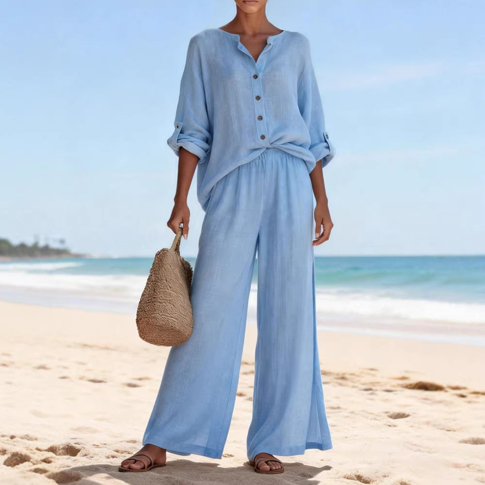 Women's Airy Linen Blouse and Wide Pants Mune Fashion