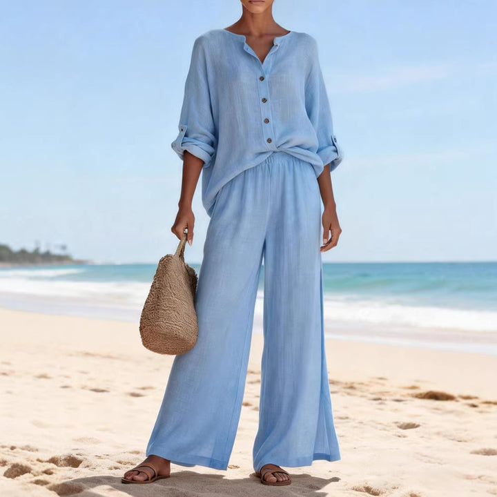 Women's Airy Linen Blouse and Wide Pants Mune Fashion