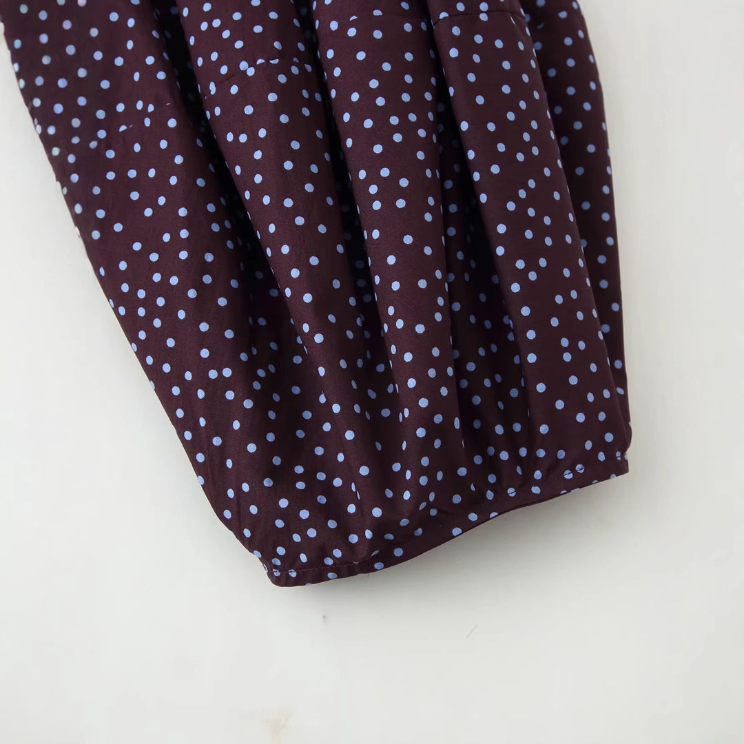 Women Smocked Polka Dot Blouse Shirt with Balloon Sleeves Mune Fashion
