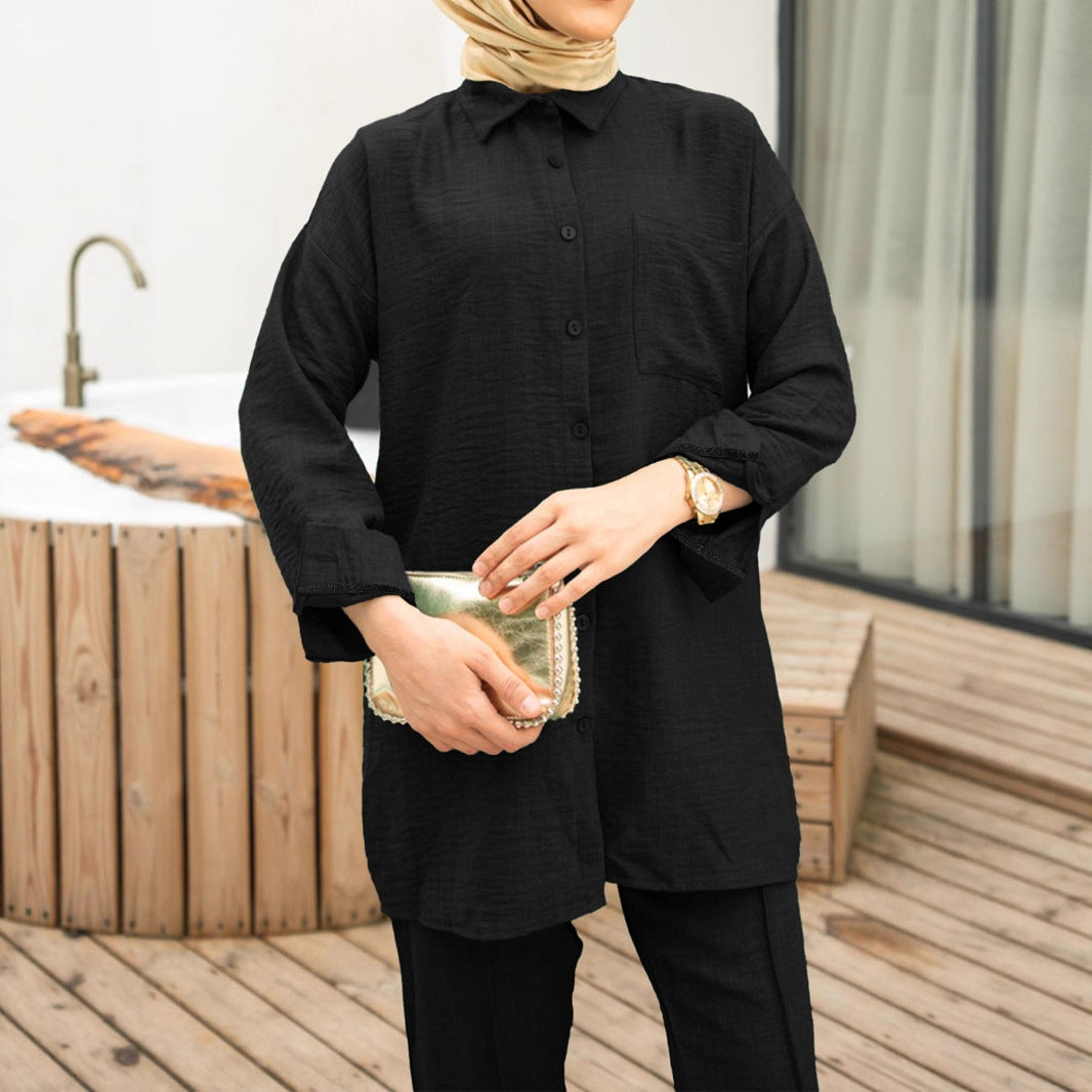 Women Long Tunic Shirt with Kent Collar and Continuous Button Placket Drune