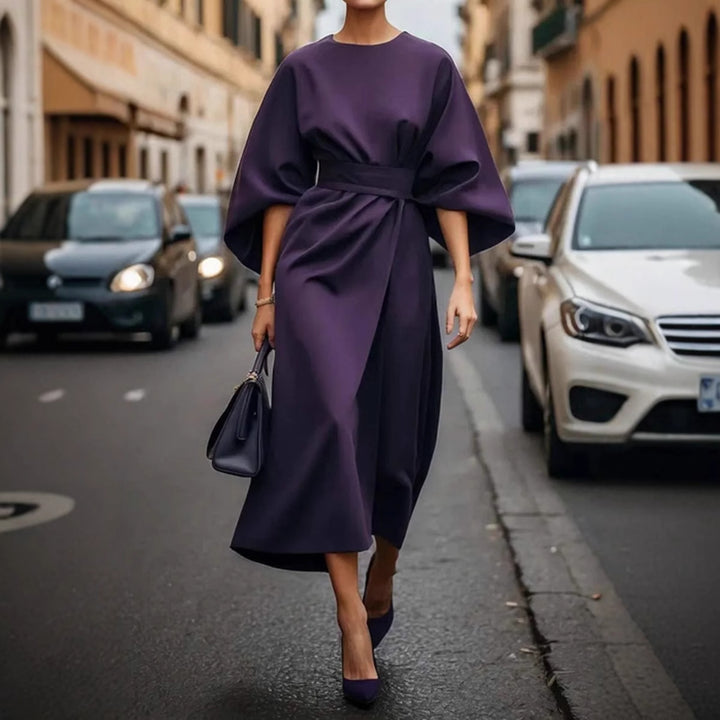 Ladies Elegant Midi Dress with Wide Kimono Sleeves, Tailored Belt and Draped A-Line Mune Fashion