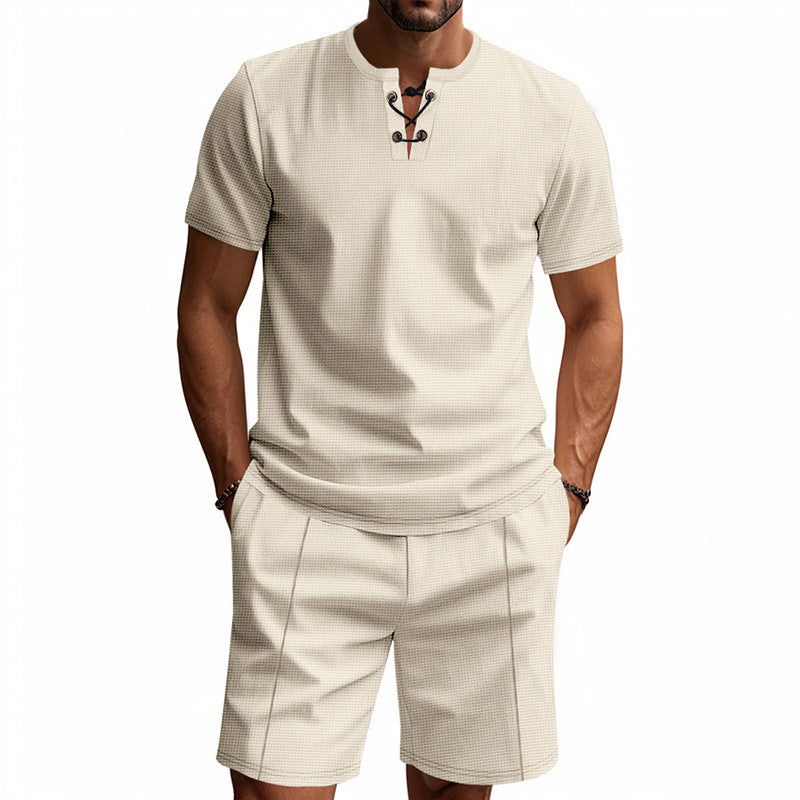 Men's short-sleeved lace-up collar shirt in waffle jersey with pleated Bermuda Mune Fashion