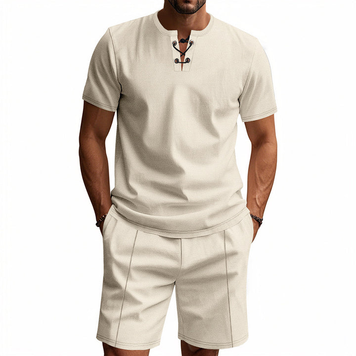 Men's short-sleeved lace-up collar shirt in waffle jersey with pleated Bermuda Mune Fashion