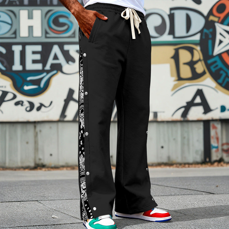 Men's Loose Snap-Track Pants with Drawstring, Side Bandana Trim and Snap Closure Mune Fashion