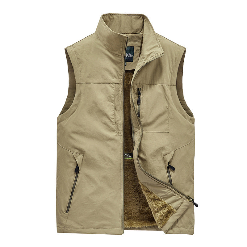 Men's Quilted Fleece-Lined Outdoor Vest with Stand-Up Collar and Zipper Pockets Mune Fashion