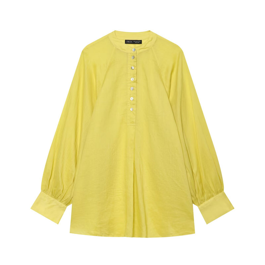 Women Oversized Blouse with Stand Collar, Continuous Button Placket and Balloon Sleeves Mune Fashion