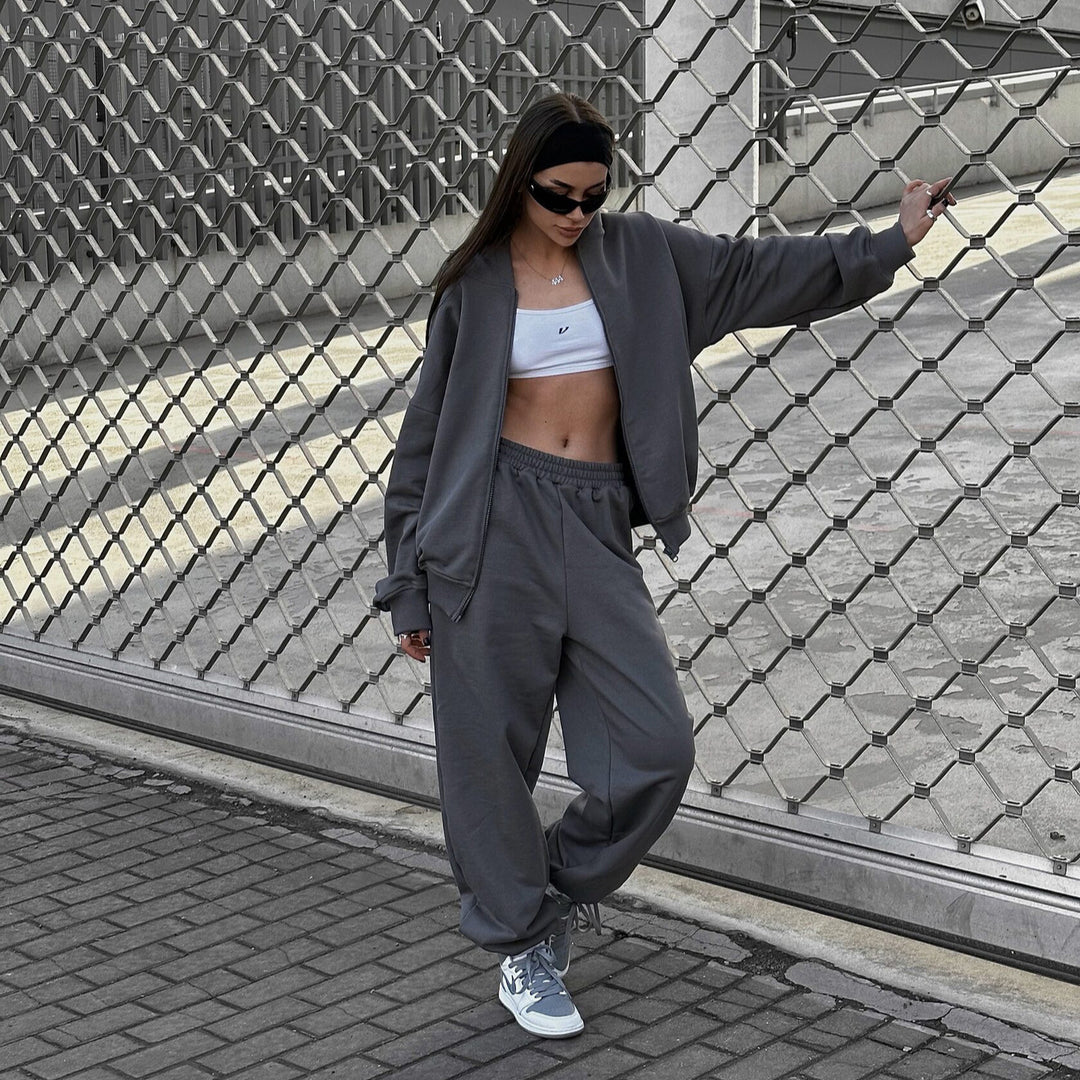 Women Loose-Fit Leisure Set with Zip Hood and Wide Palazzo Jogger Mune Fashion