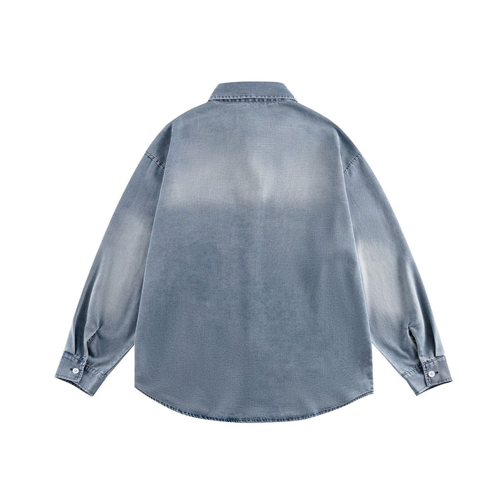 Unisex Oversize Denim Shirt Jacket with Rounded Hem and Embroidered Chest Motif Mune Fashion