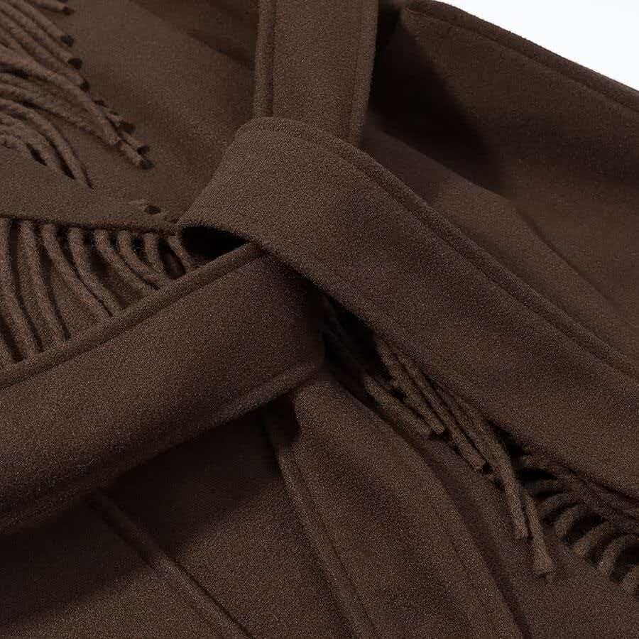 Ladies Long Fringe Wool Blend Coat with Hood, Tie Belt and Patch Pockets Mune Fashion