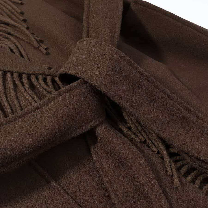 Ladies Long Fringe Wool Blend Coat with Hood, Tie Belt and Patch Pockets Mune Fashion