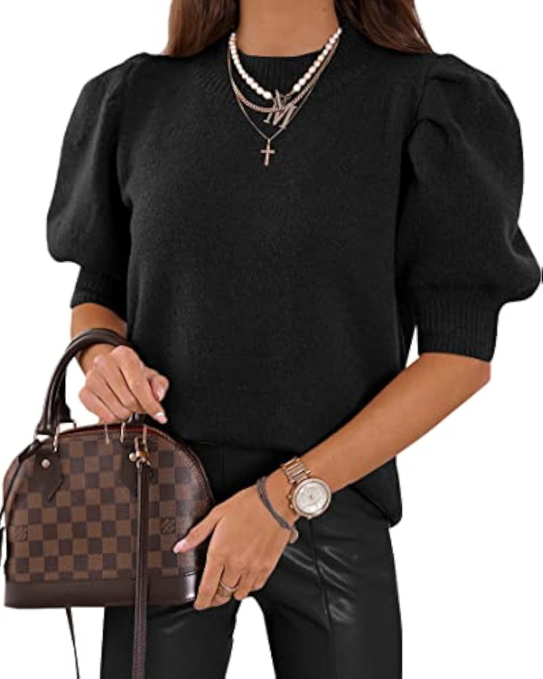 Women's short-cut fine knit sweater with puff sleeves and ribbed cuffs Drune