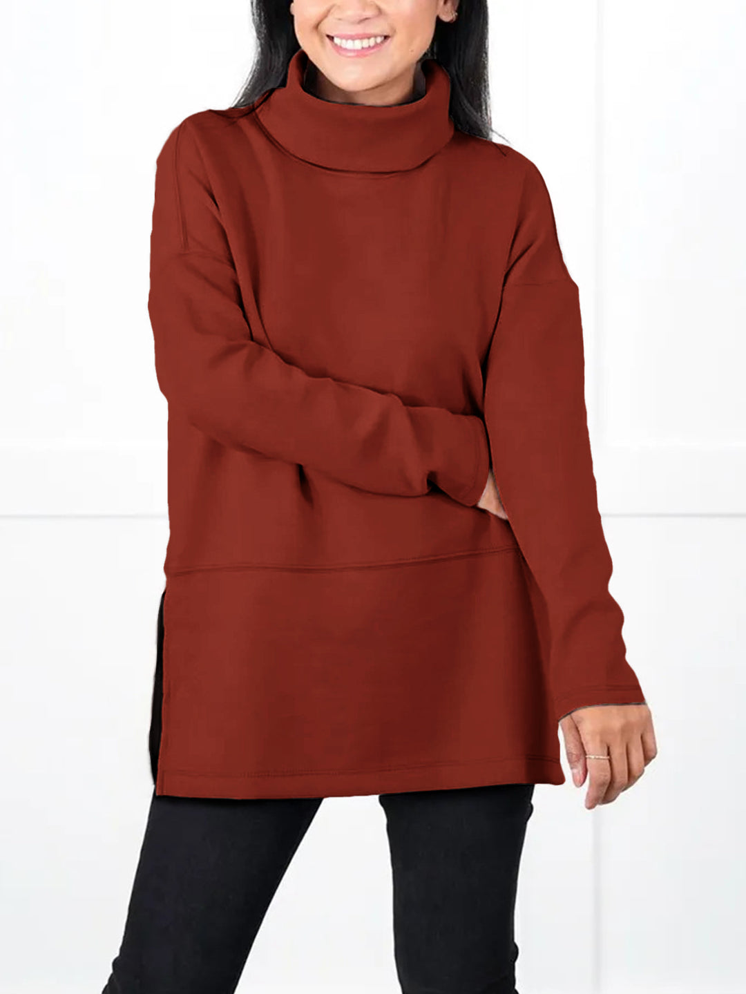 Women's Oversize Sweat Tunic with High Roll Neck, Side Slits and Extended Hem Mune Fashion