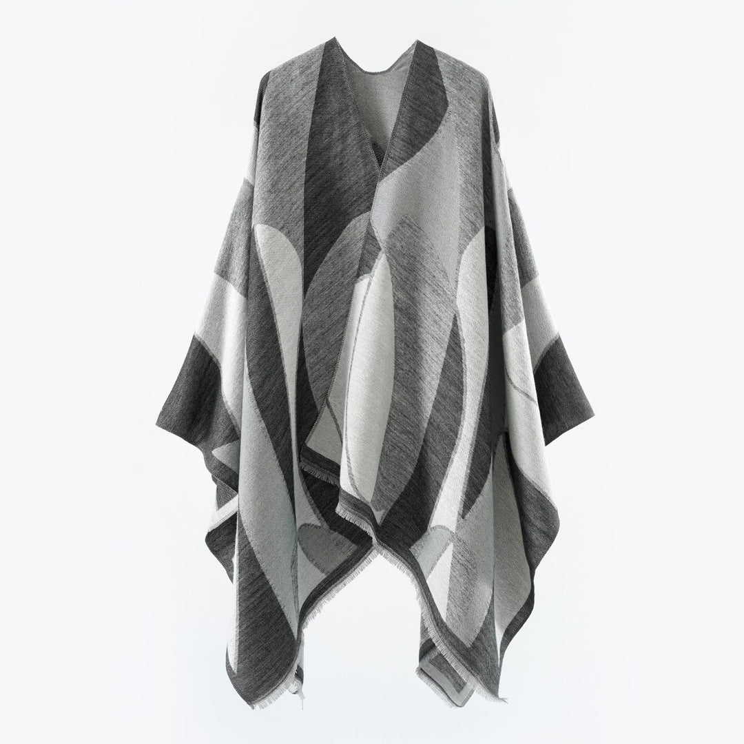 Women's Oversize Poncho with V Neck and Geometric Jacquard Design Mune Fashion