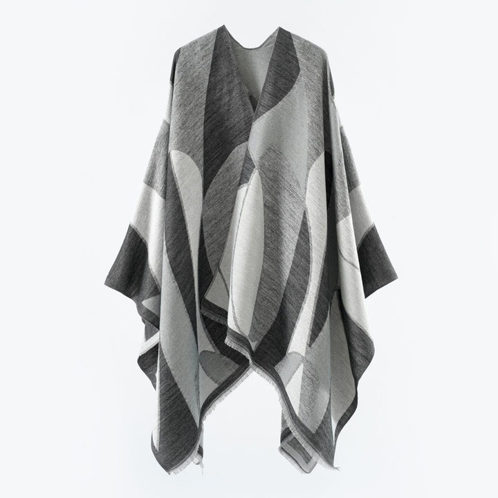 Women's Oversize Poncho with V Neck and Geometric Jacquard Design Mune Fashion