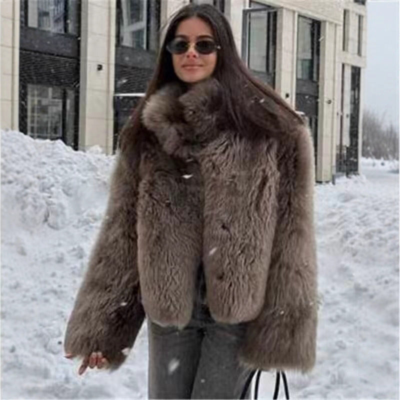 Women's Short Faux Fur Jacket with High Stand Collar and Oversized Silhouette Mune Fashion