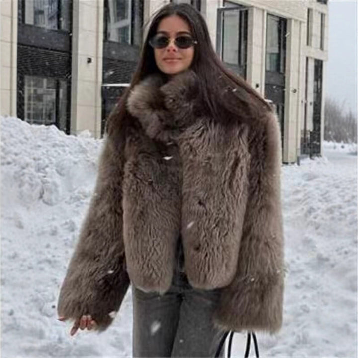 Women's Short Faux Fur Jacket with High Stand Collar and Oversized Silhouette Mune Fashion