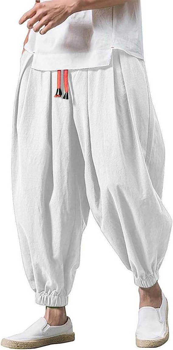 Men's unusual harem-style balloon pants with pleats, elastic waistband, and drawstring Mune Fashion