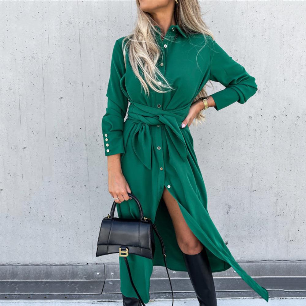 Women's Tailored Shirt Blouse Midi Dress with Tied Belt, Cuffs and Front Slit Mune Fashion