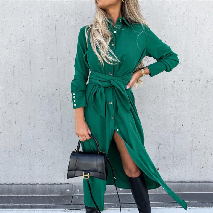 Women's Tailored Shirt Blouse Midi Dress with Tied Belt, Cuffs and Front Slit Mune Fashion