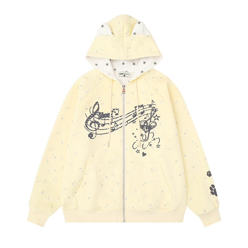 Women's zip hoodie with music print, 3D ear hood and paw appliqué Mune Fashion