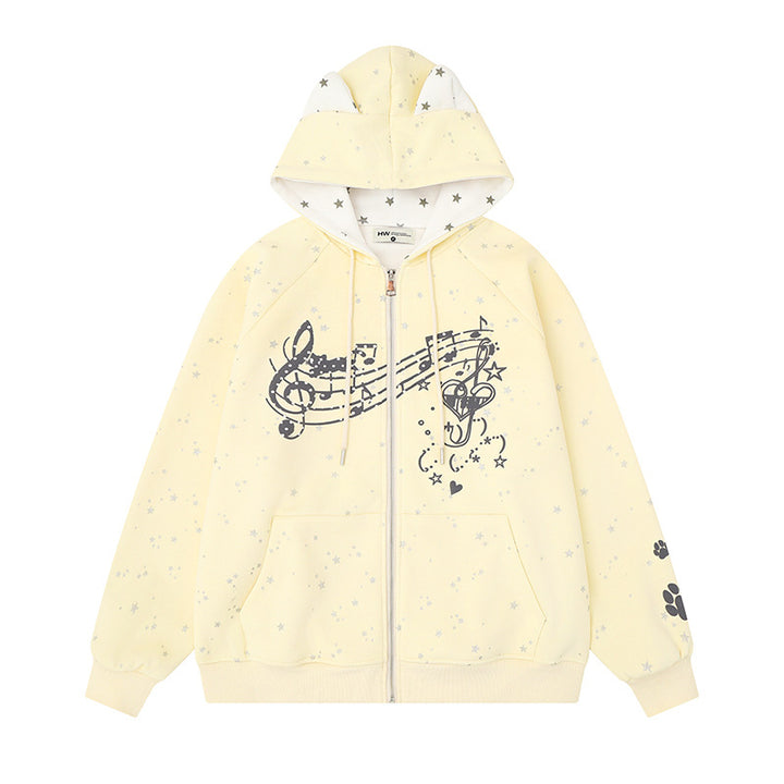 Women's zip hoodie with music print, 3D ear hood and paw appliqué Mune Fashion