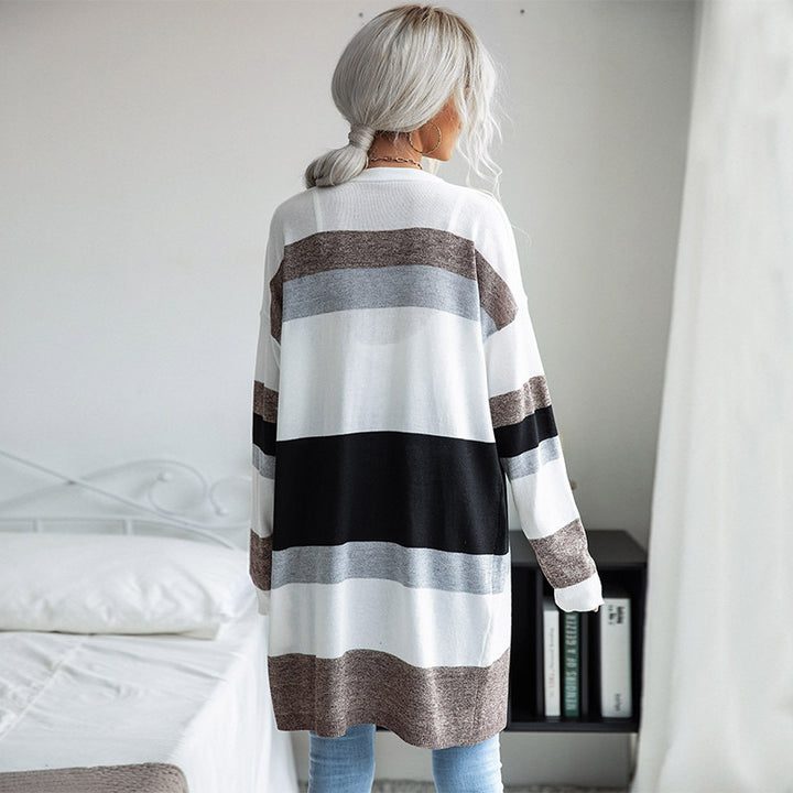 Women's Oversize Longer Knitted Cardigan with Block Stripes and Open Front Mune Fashion