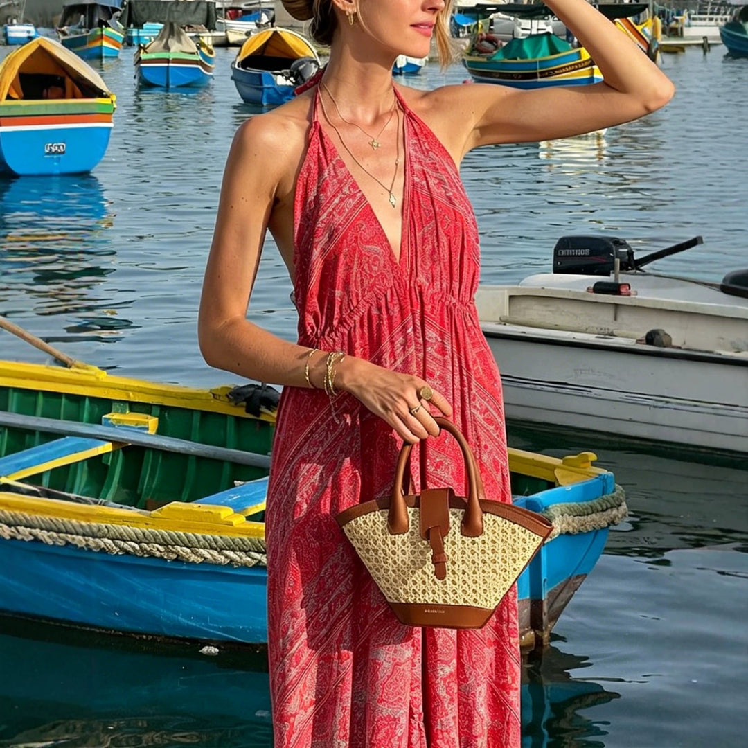 Women’s Boho Maxi Dress with Neck Band, Backless Cut and Ruffle Trim